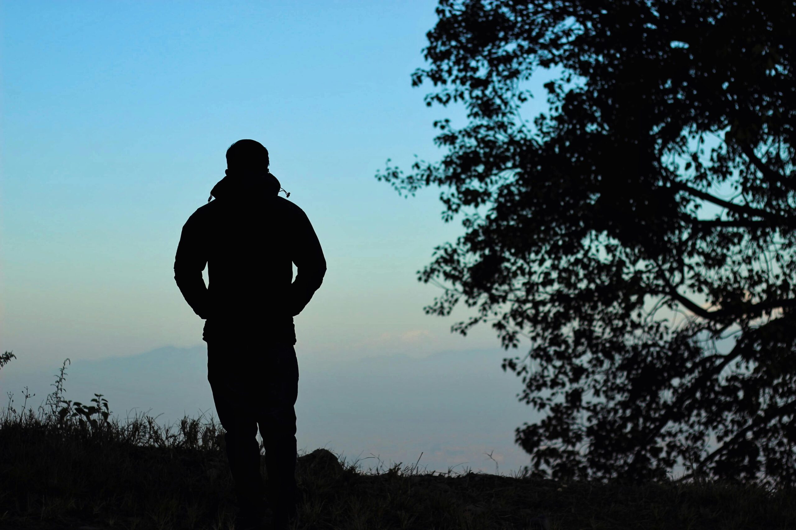 Silhouette of a person standing by a tree at dawn, capturing tranquility and solitude.